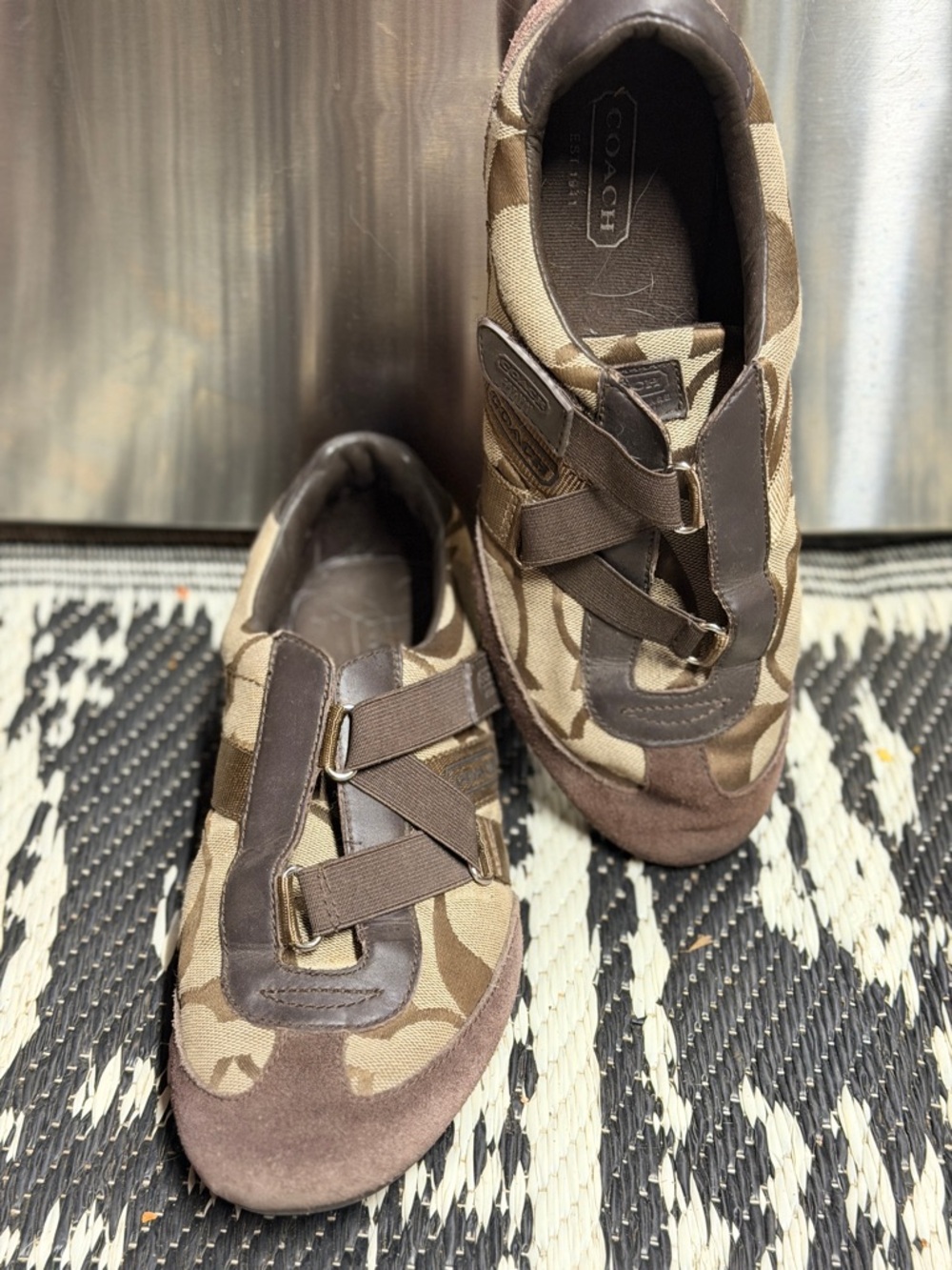Coach Brown Camouflage Elastic Strap Slip-Ons